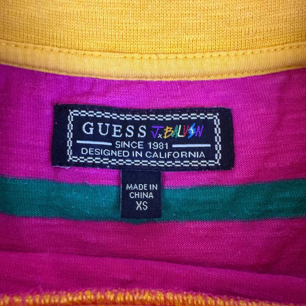 Guess x J Balvin Vibras Tour Striped T-Shirt Mens XS Pink Green Yellow Logo Tee